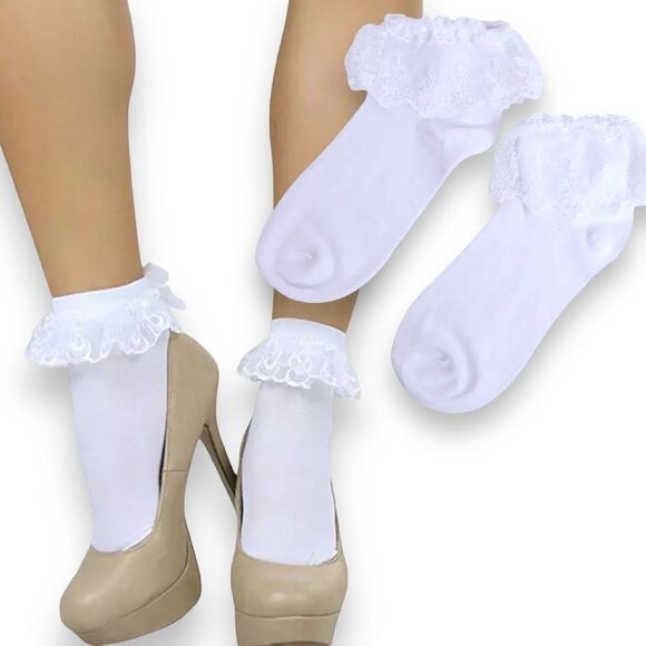 White Cotton Embroidery Lace Ruffle Ankle Socks NEW - Picture 1 of 3